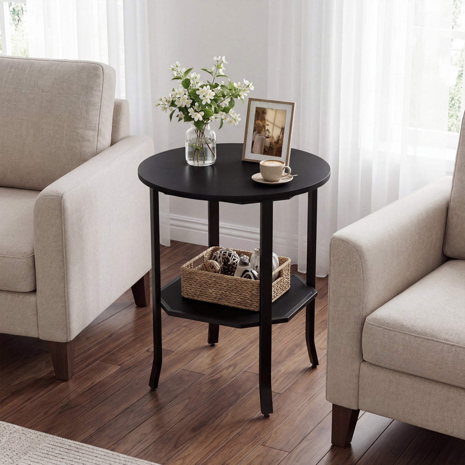 Round Side Table, 2-Tier Nightstand With Storage Shelf, Black End & Side Tables at Gallery Canada