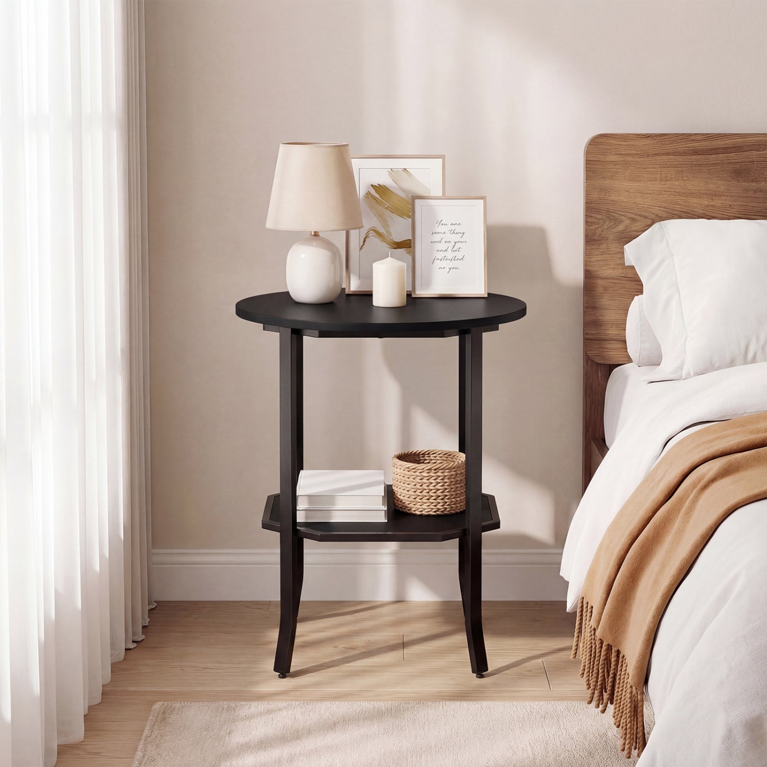 Round Side Table, 2-Tier Nightstand With Storage Shelf, Black End & Side Tables at Gallery Canada