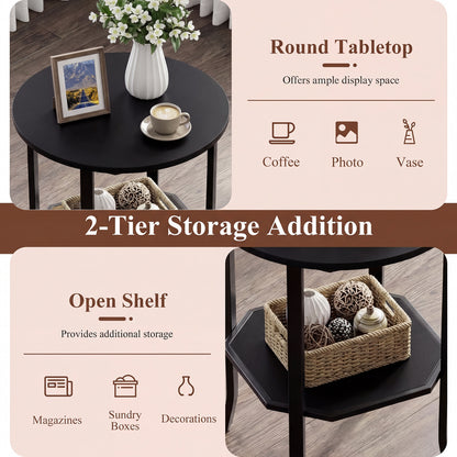Round Side Table, 2-Tier Nightstand With Storage Shelf, Black End & Side Tables at Gallery Canada