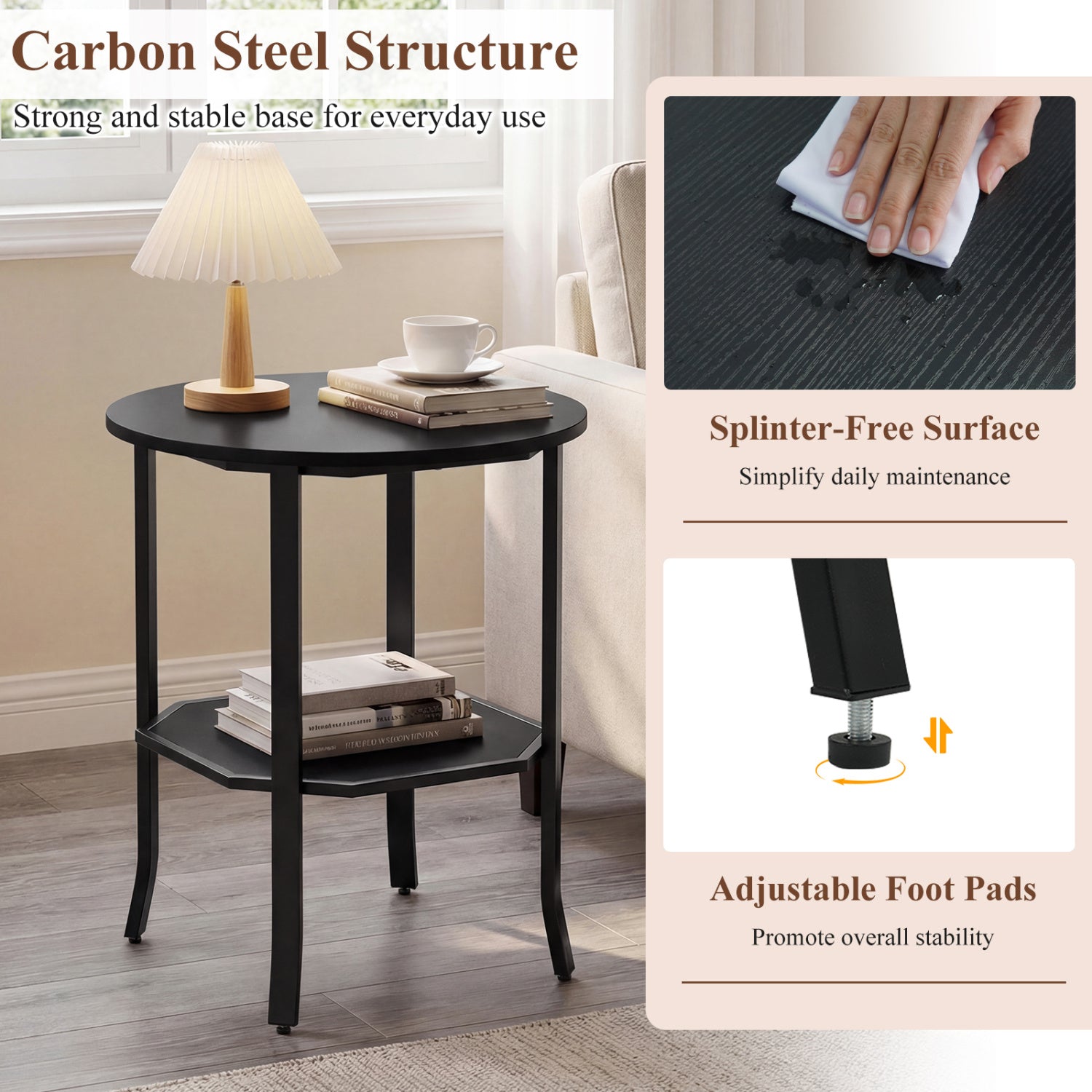 Round Side Table, 2-Tier Nightstand With Storage Shelf, Black End & Side Tables at Gallery Canada