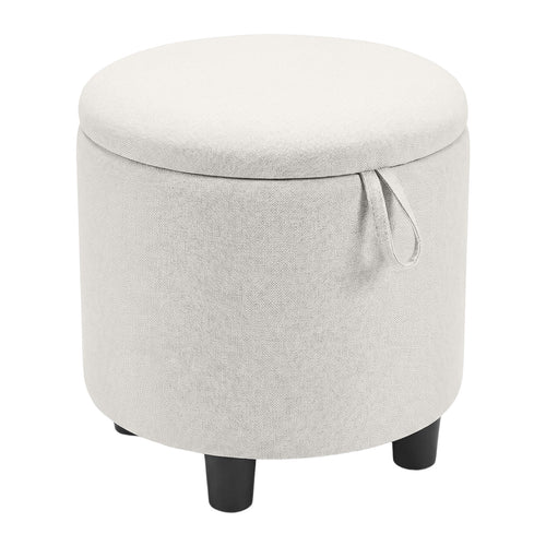 Round Storage Ottoman, Linen Fabric Upholstered Footrest Stool, Beige