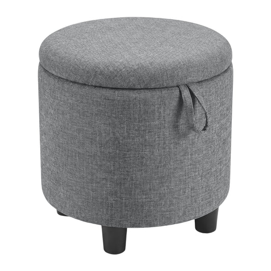 Round Storage Ottoman, Linen Fabric, Upholstered Footrest Stool, Gray Ottomans Gray at Gallery Canada