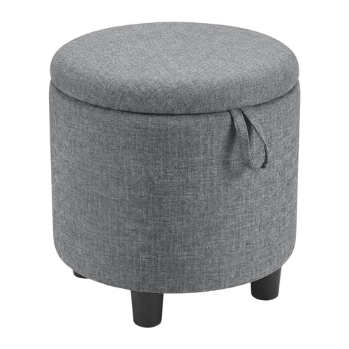 Round Storage Ottoman, Linen Fabric, Upholstered Footrest Stool, Gray