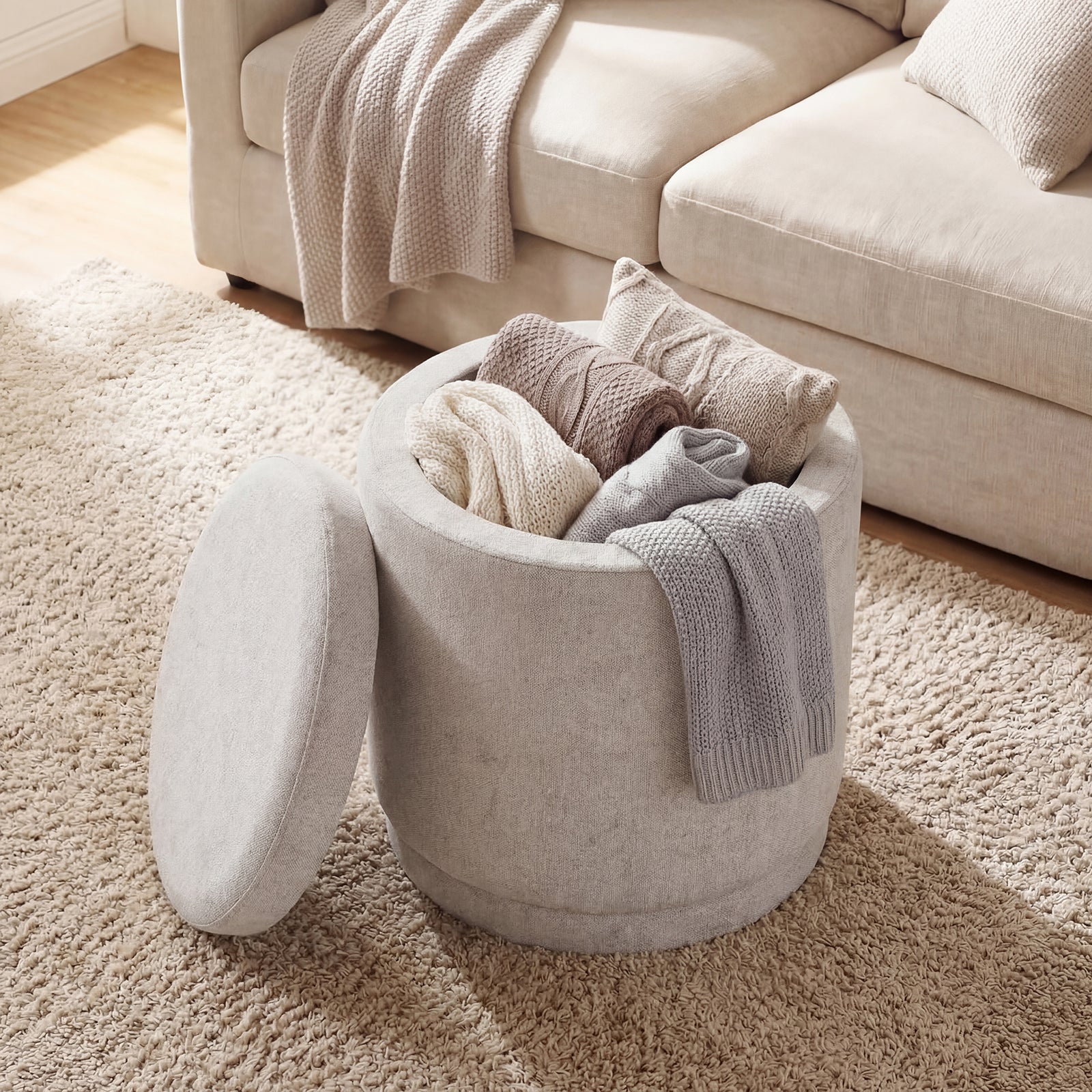Round Storage Ottoman Foot Rest, Removable Lid, Acacia Wood Frame, Beige Ottomans at Gallery Canada