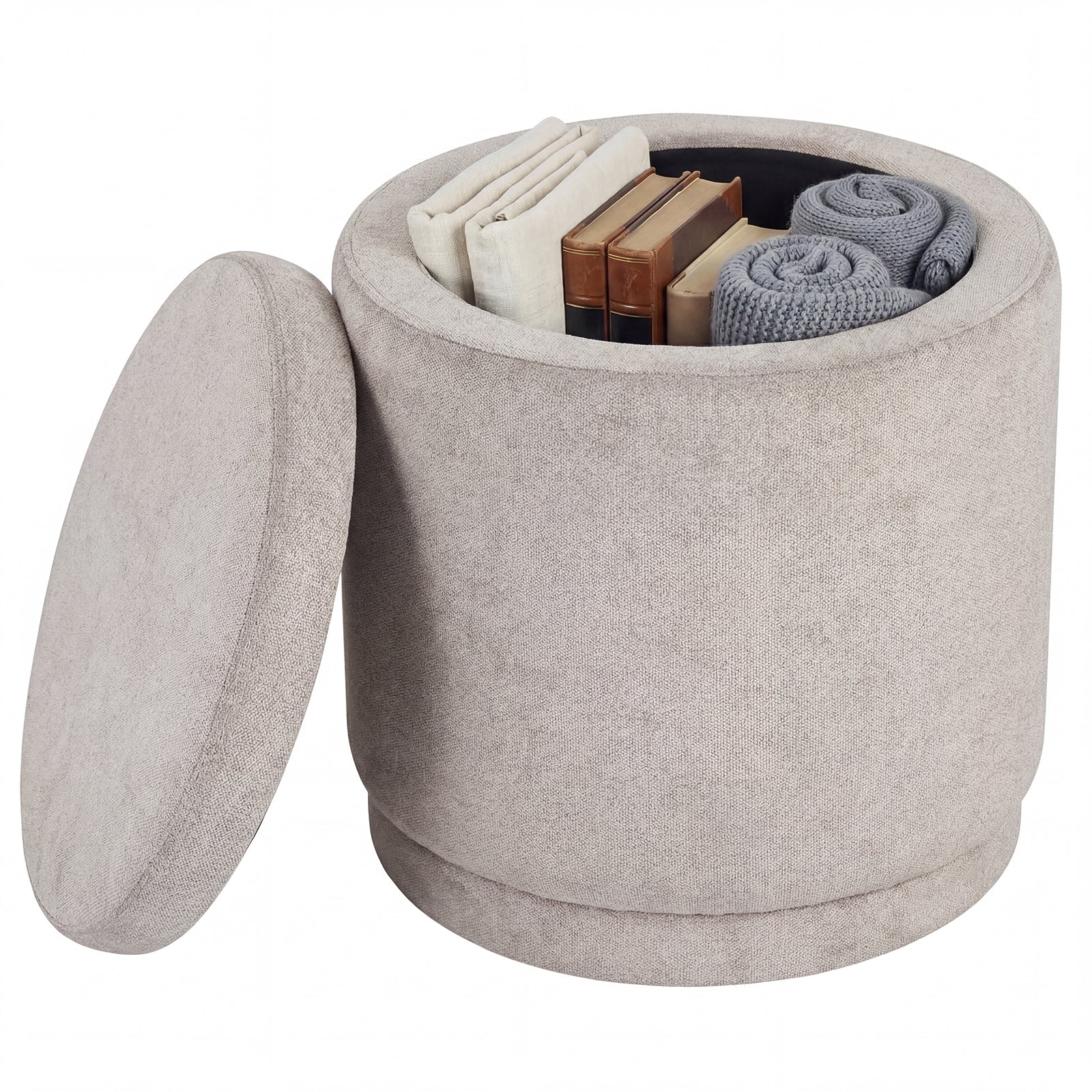 Round Storage Ottoman Foot Rest, Removable Lid, Acacia Wood Frame, Beige Ottomans at Gallery Canada