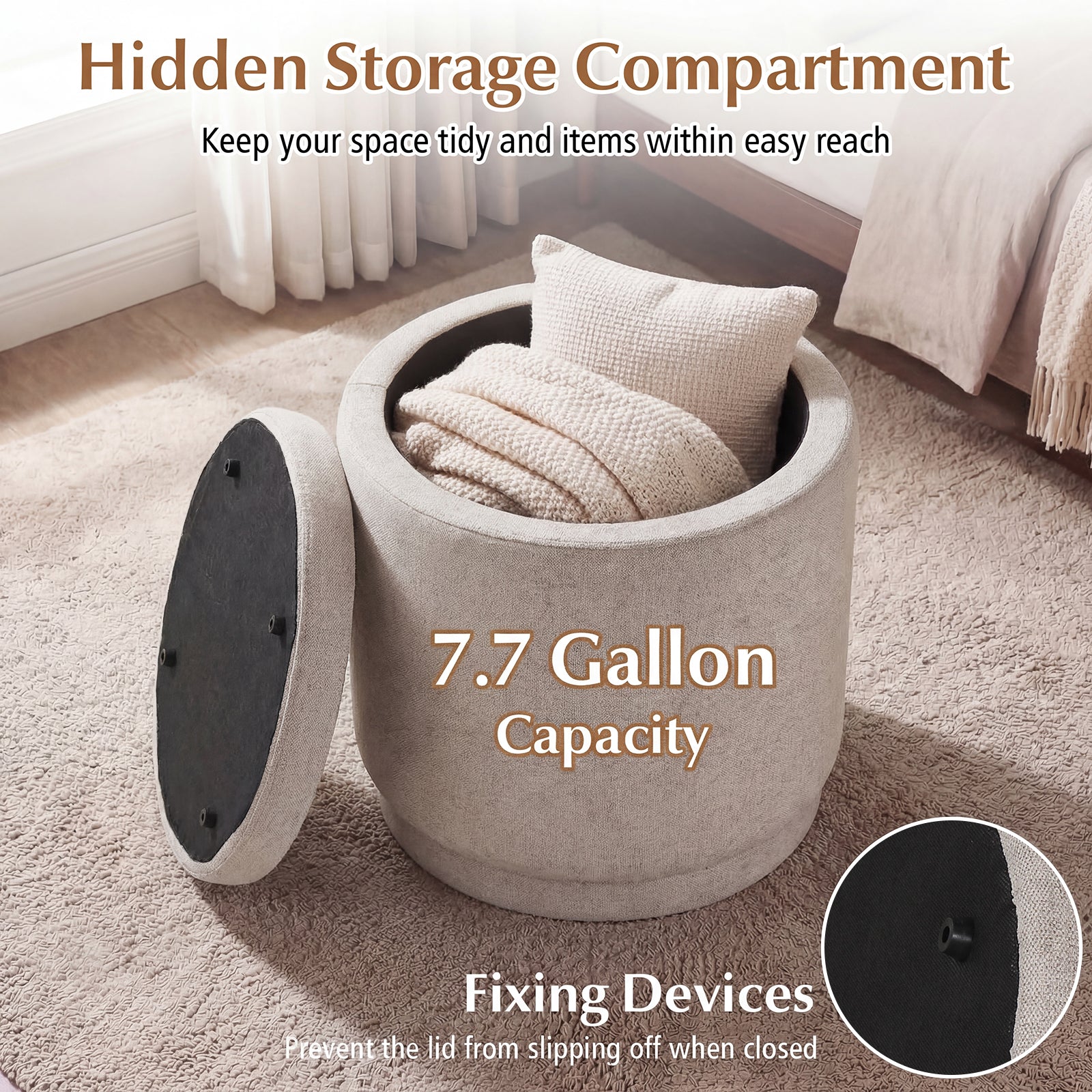 Round Storage Ottoman Foot Rest, Removable Lid, Acacia Wood Frame, Beige Ottomans at Gallery Canada