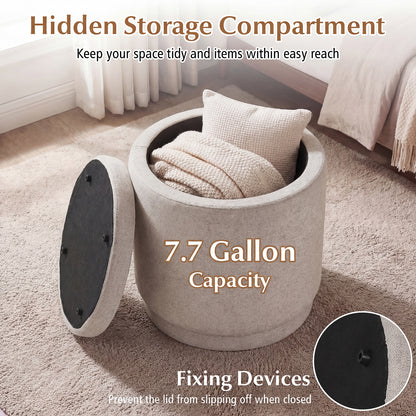 Round Storage Ottoman Foot Rest, Removable Lid, Acacia Wood Frame, Beige Ottomans at Gallery Canada
