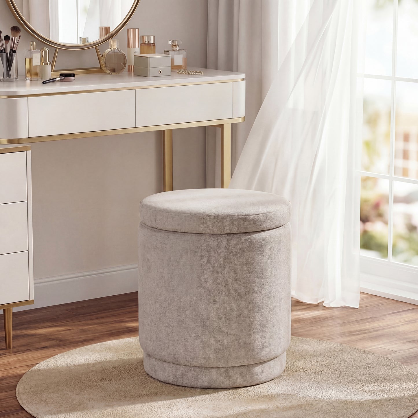 Round Storage Ottoman Foot Rest, Removable Lid, Acacia Wood Frame, Beige Ottomans at Gallery Canada
