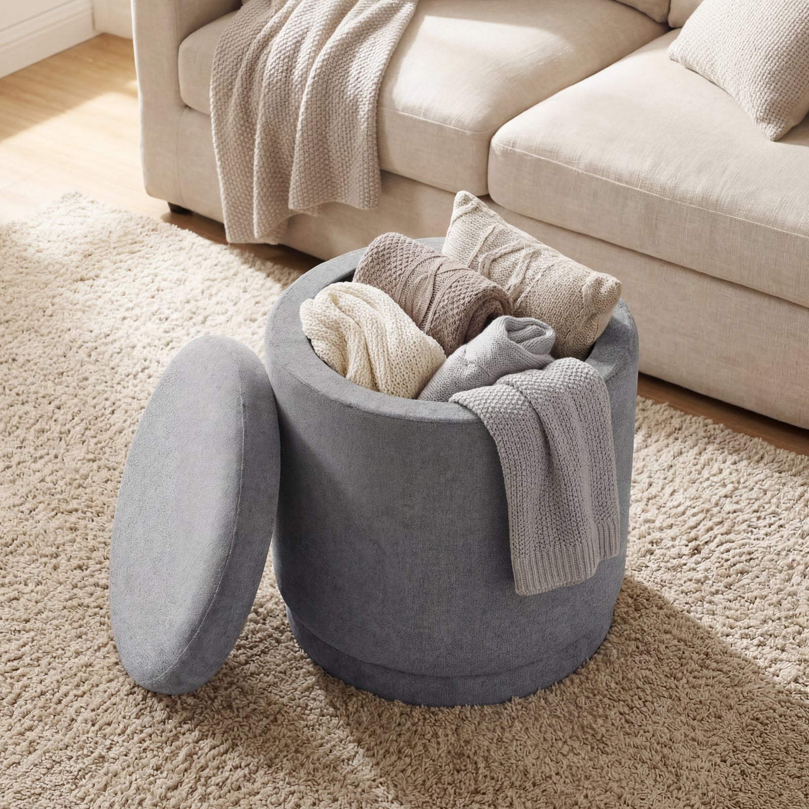 Round Storage Ottoman, Removable Lid, Acacia Wood Frame, Gray Ottomans at Gallery Canada