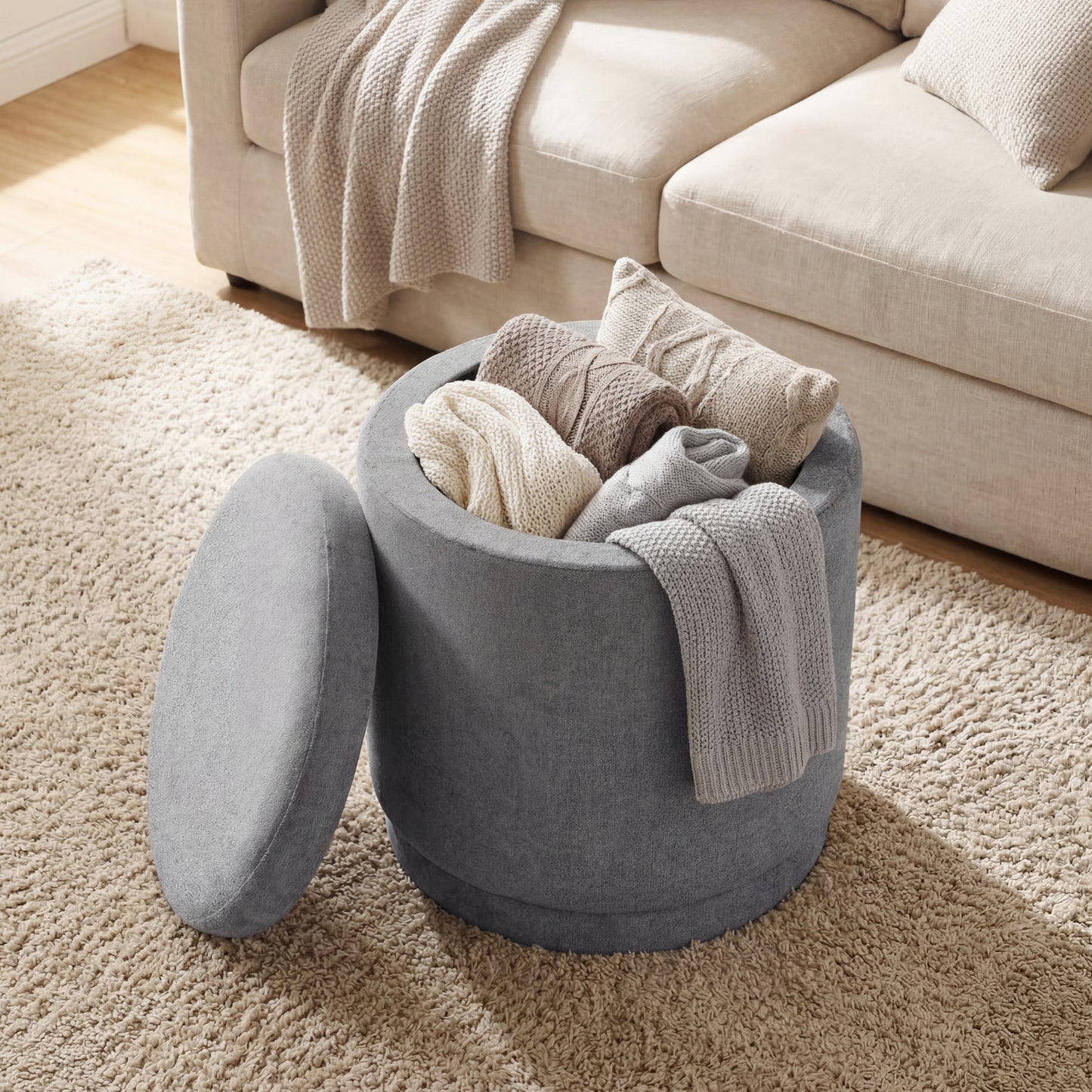 Round Storage Ottoman, Removable Lid, Acacia Wood Frame, Gray Ottomans at Gallery Canada