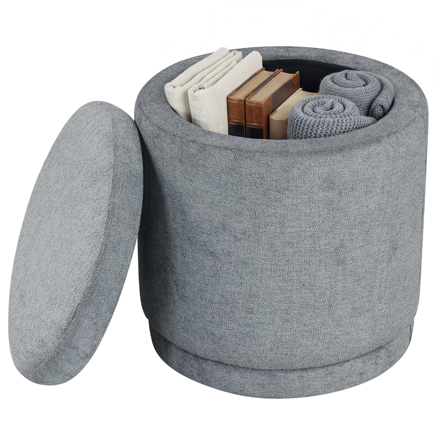 Round Storage Ottoman, Removable Lid, Acacia Wood Frame, Gray Ottomans at Gallery Canada