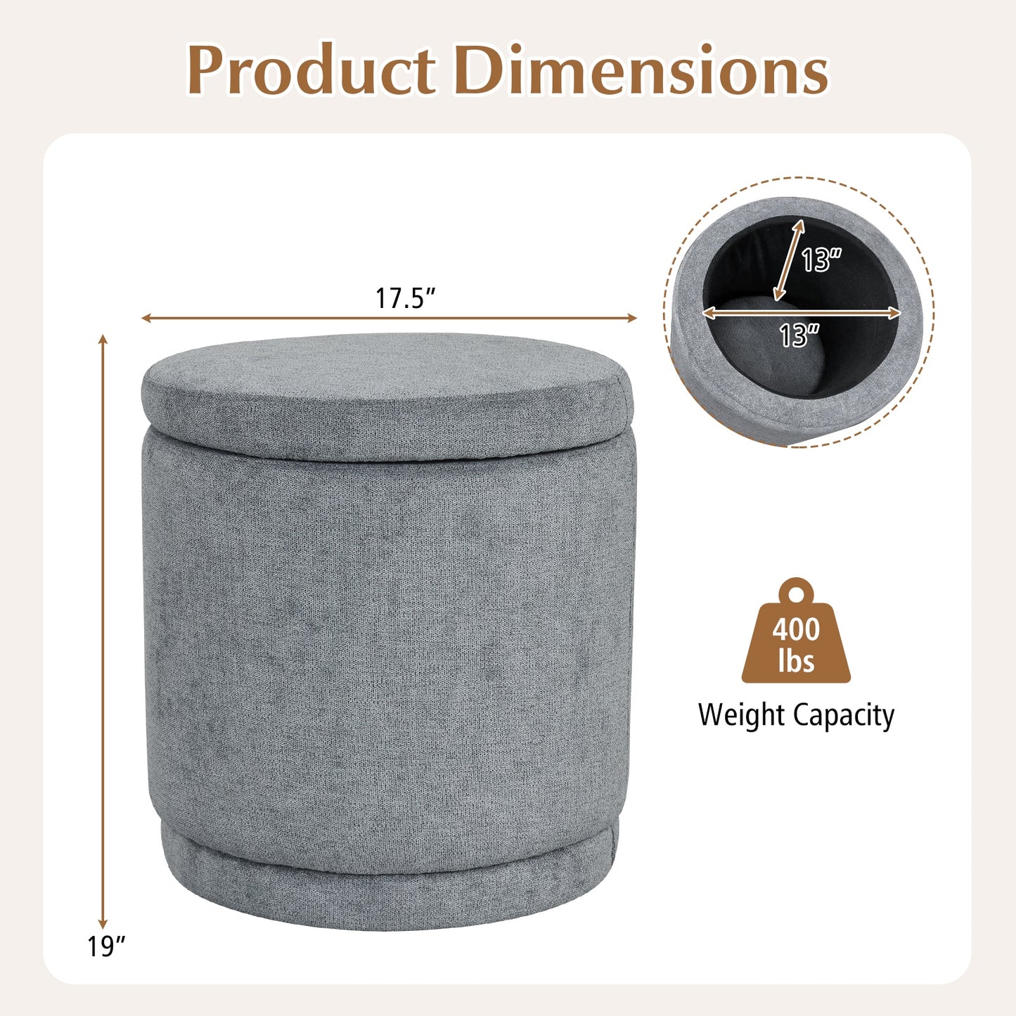 Round Storage Ottoman, Removable Lid, Acacia Wood Frame, Gray Ottomans at Gallery Canada