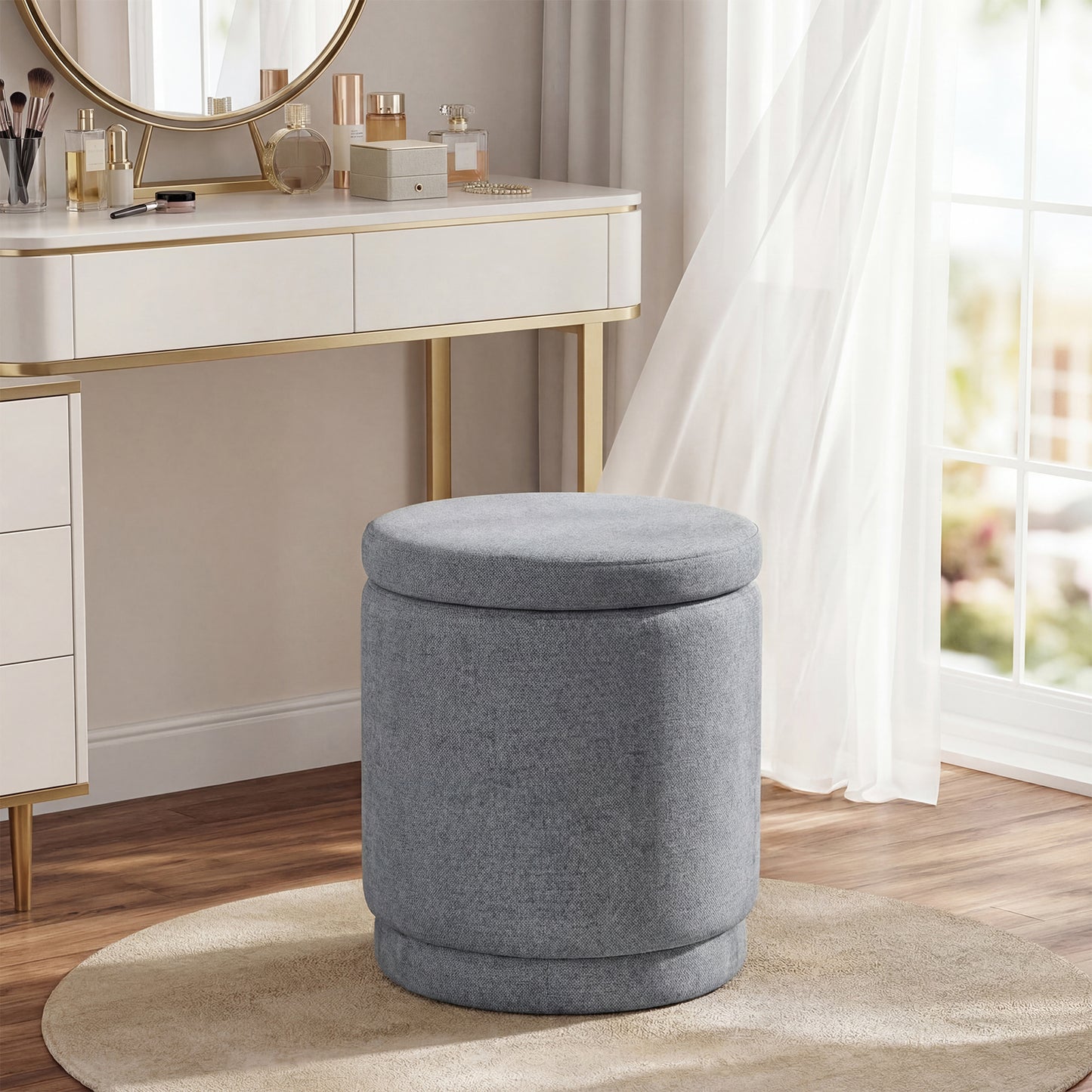 Round Storage Ottoman, Removable Lid, Acacia Wood Frame, Gray Ottomans at Gallery Canada