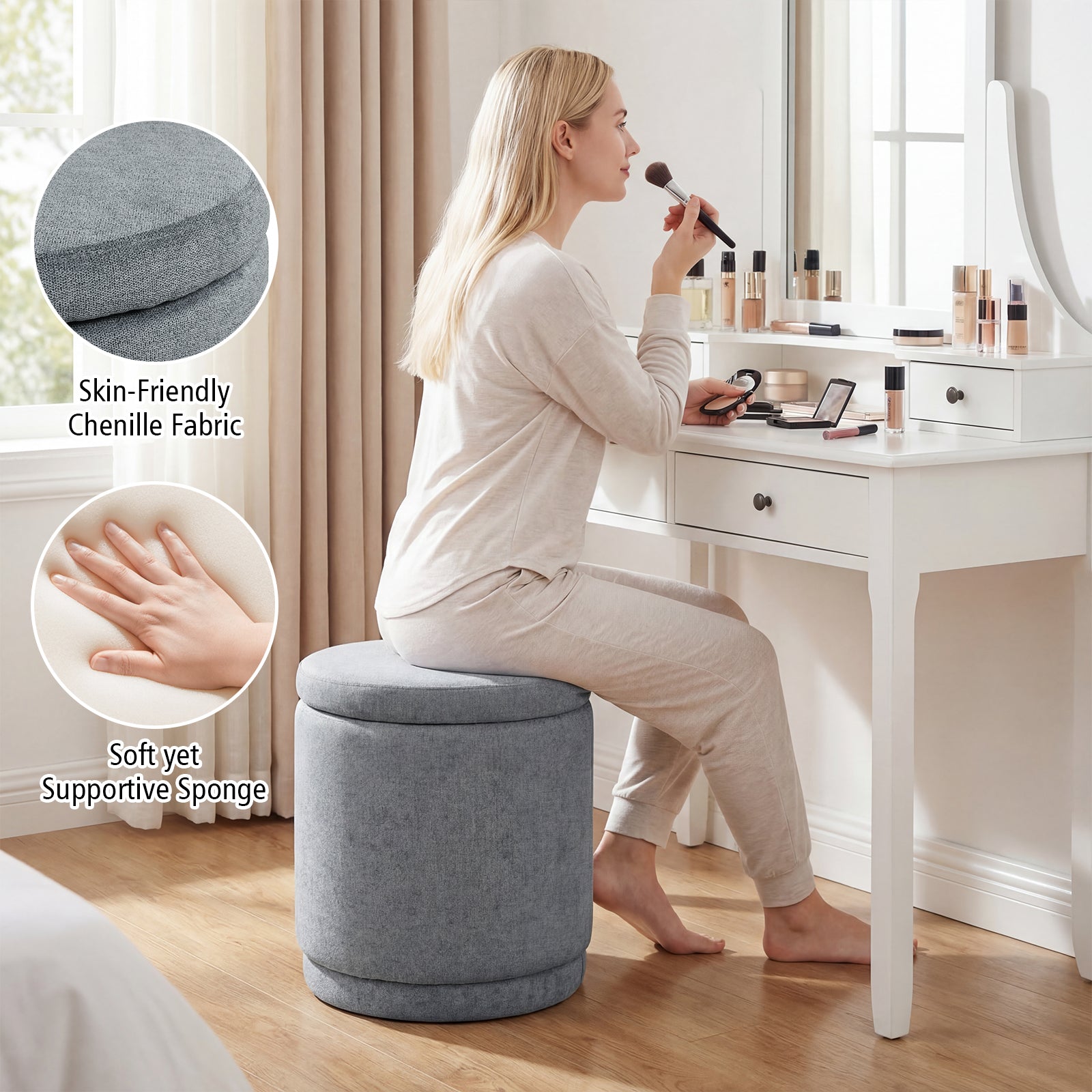 Round Storage Ottoman, Removable Lid, Acacia Wood Frame, Gray Ottomans at Gallery Canada