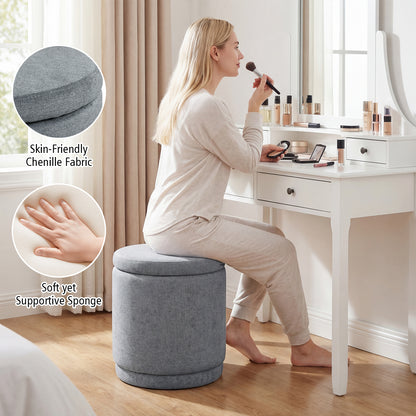 Round Storage Ottoman, Removable Lid, Acacia Wood Frame, Gray Ottomans at Gallery Canada