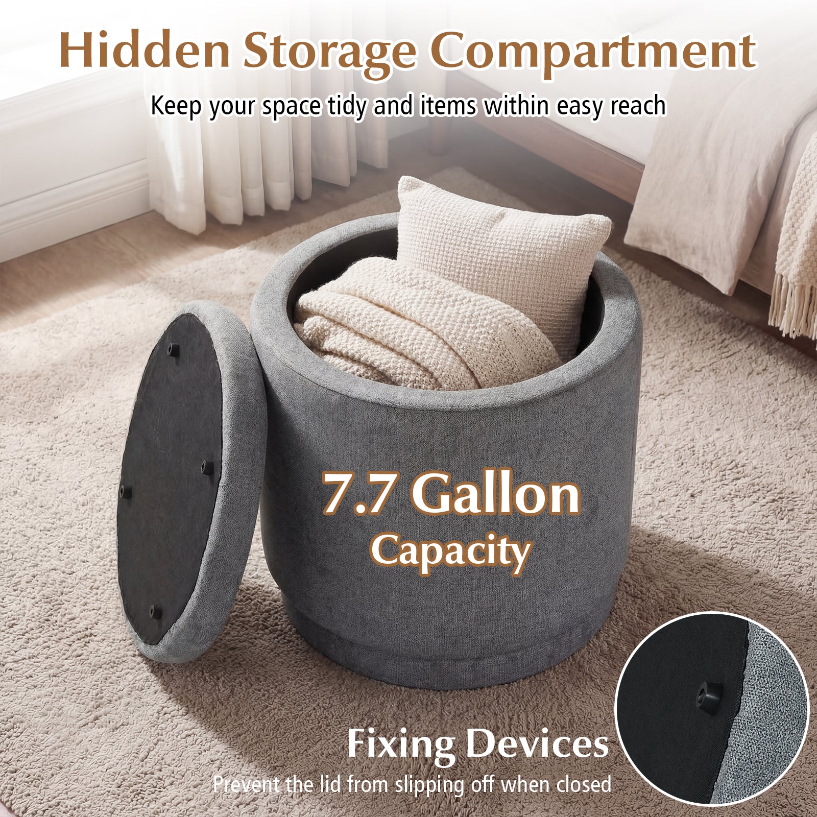 Round Storage Ottoman, Removable Lid, Acacia Wood Frame, Gray Ottomans at Gallery Canada