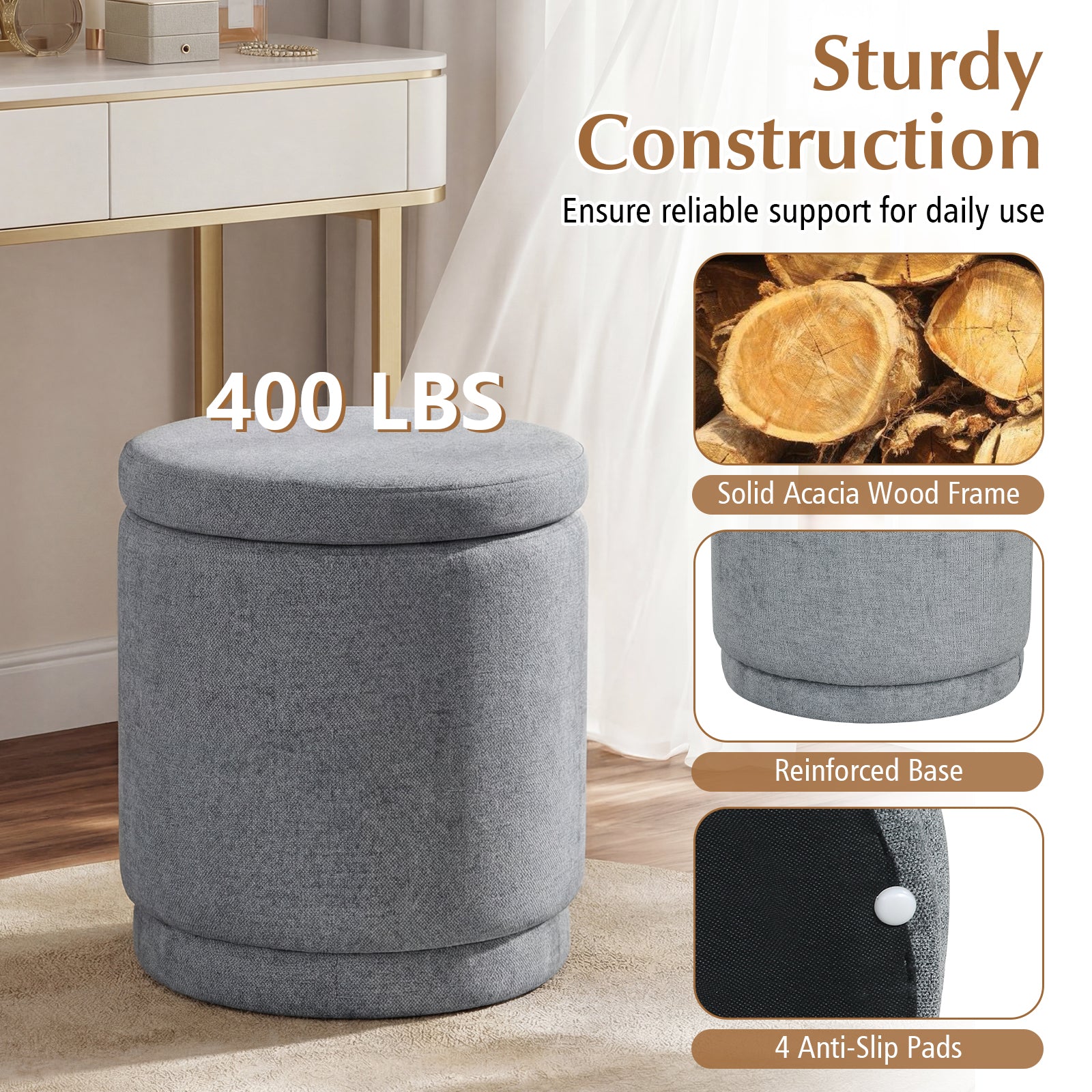 Round Storage Ottoman, Removable Lid, Acacia Wood Frame, Gray Ottomans at Gallery Canada