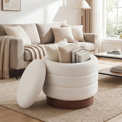 Round Storage Ottoman, Acacia Wood Frame, White