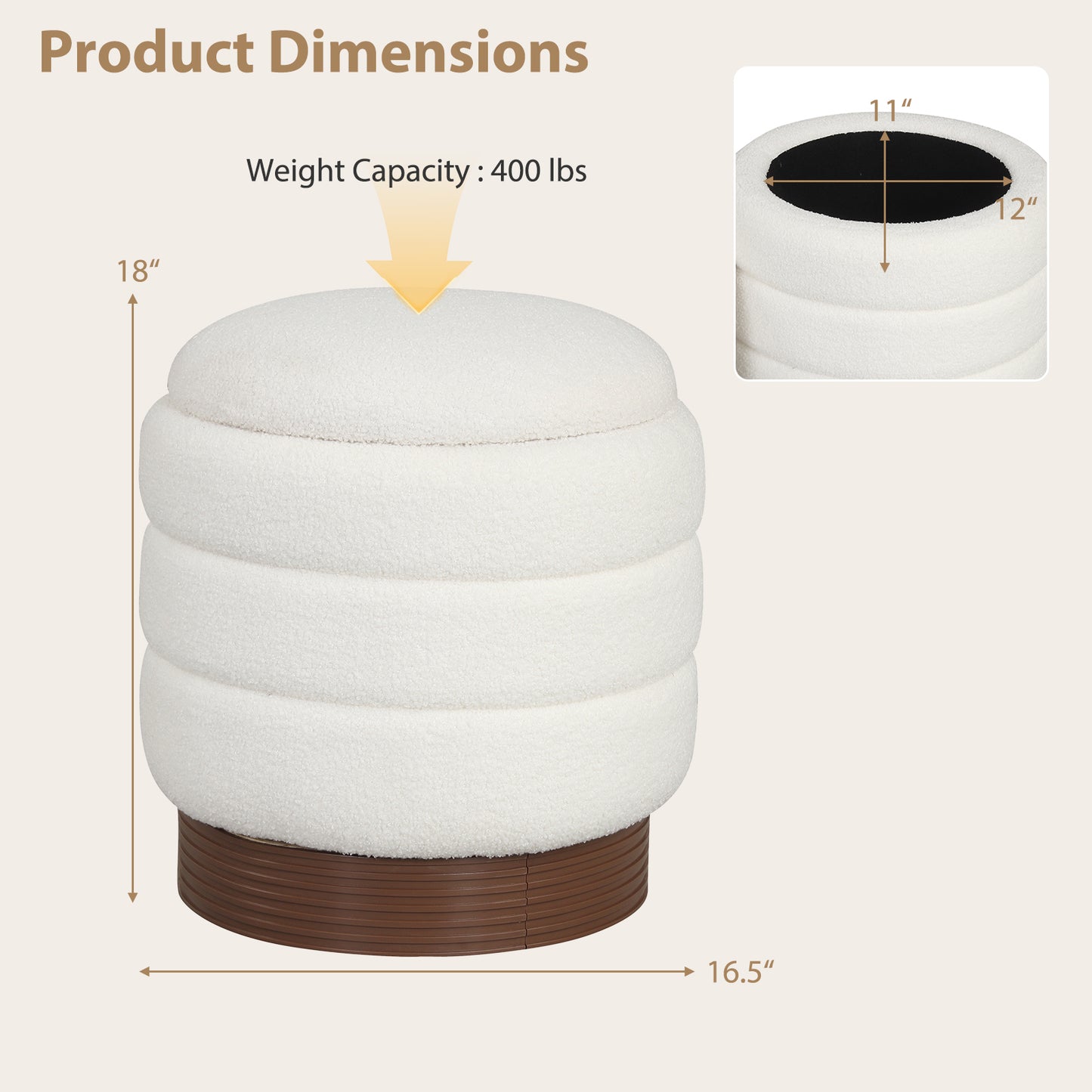 Round Storage Ottoman, Acacia Wood Frame, White