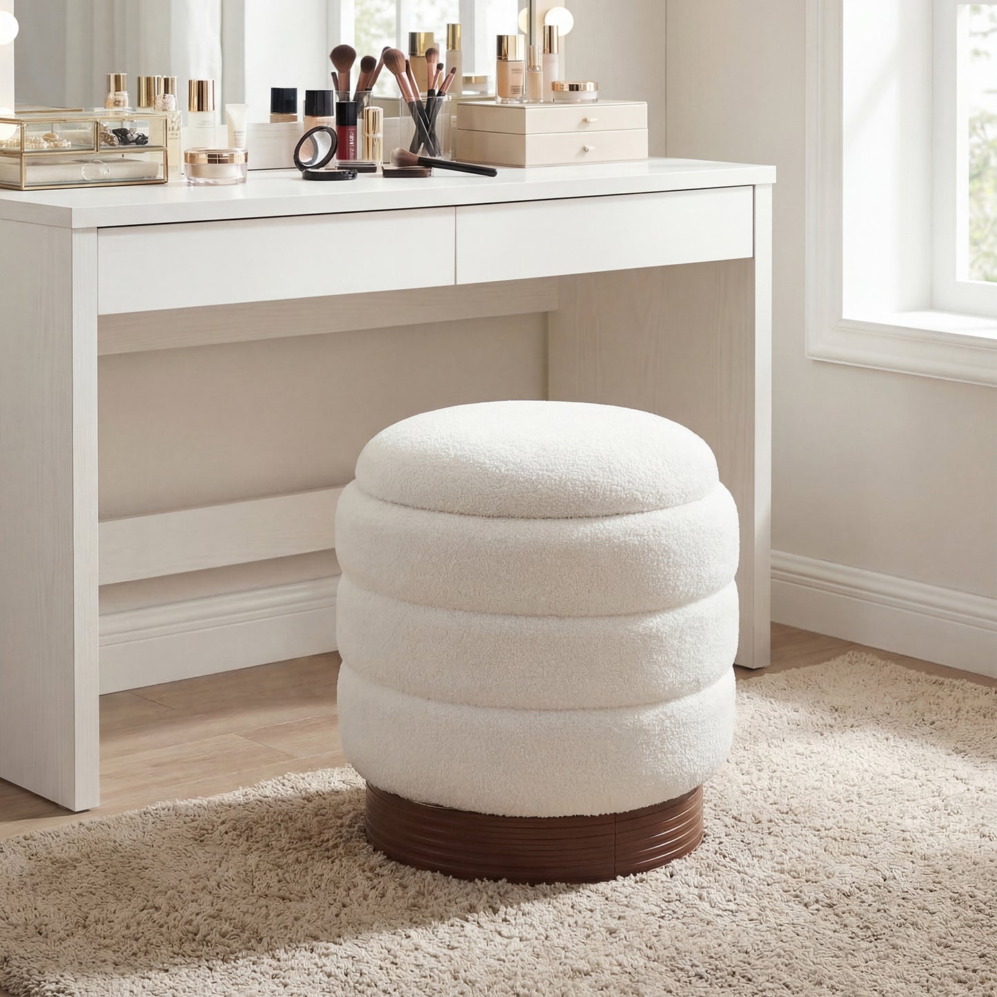 Round Storage Ottoman, Acacia Wood Frame, White