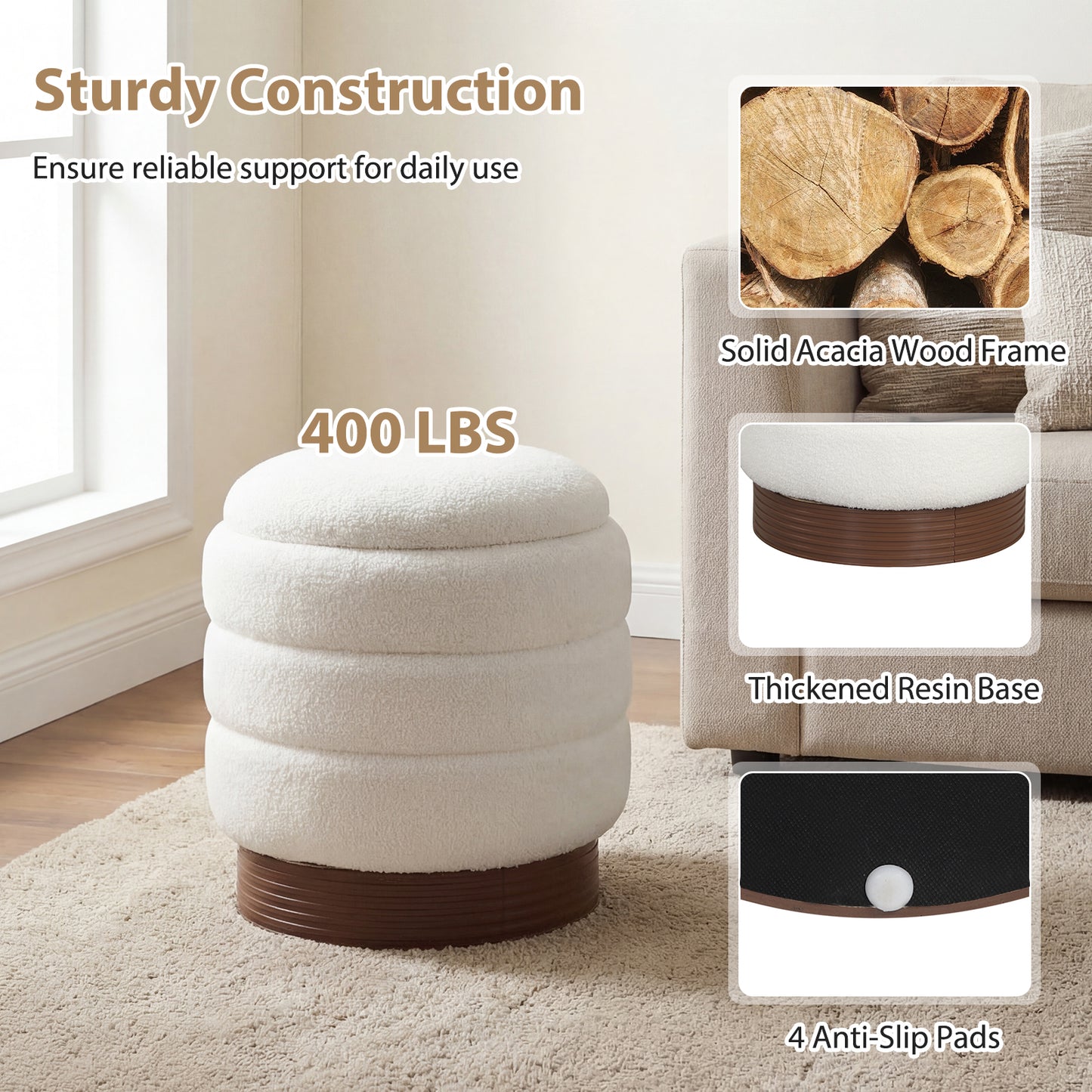 Round Storage Ottoman, Acacia Wood Frame, White