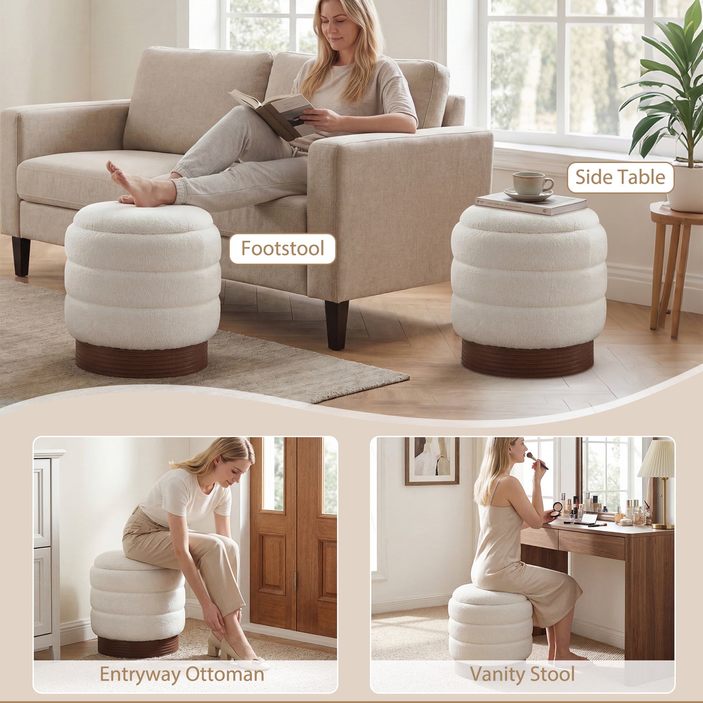 Round Storage Ottoman, Acacia Wood Frame, White