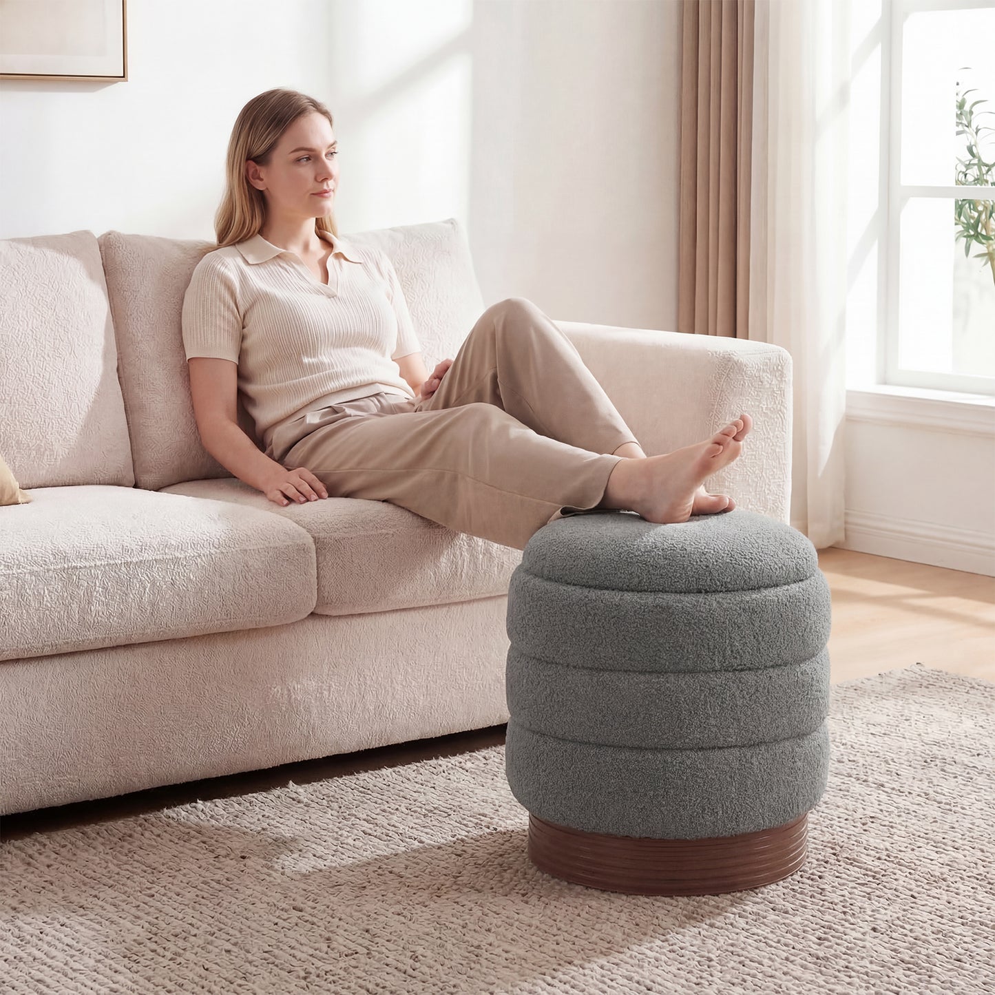 Round Storage Ottoman, Acacia Wood Frame, Gray Ottomans at Gallery Canada