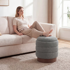 Round Storage Ottoman, Acacia Wood Frame, Gray