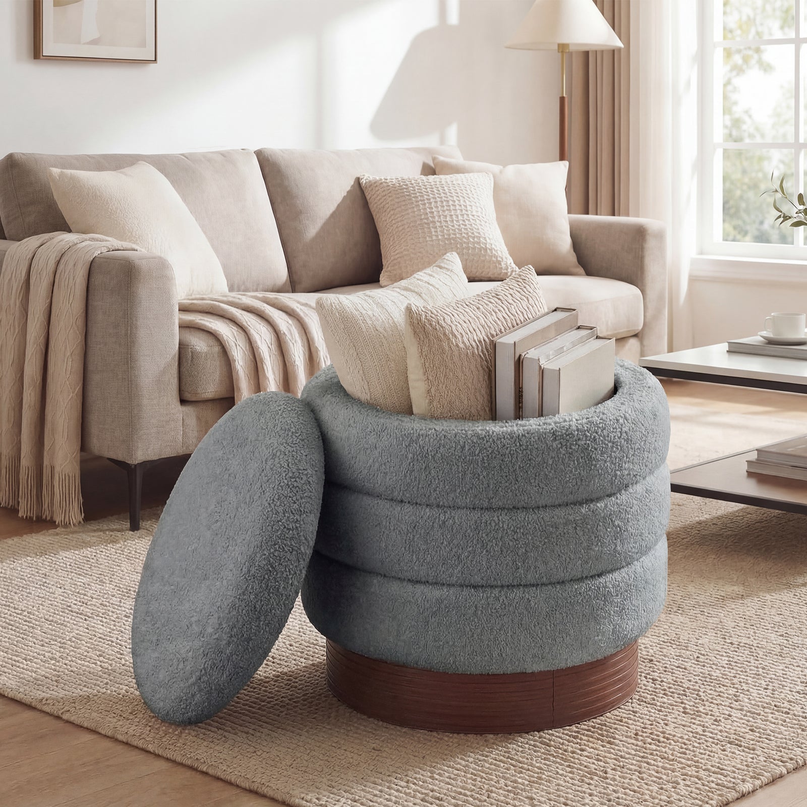 Round Storage Ottoman, Acacia Wood Frame, Gray Ottomans at Gallery Canada
