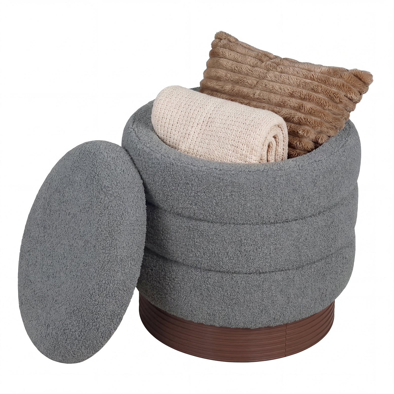 Round Storage Ottoman, Acacia Wood Frame, Gray