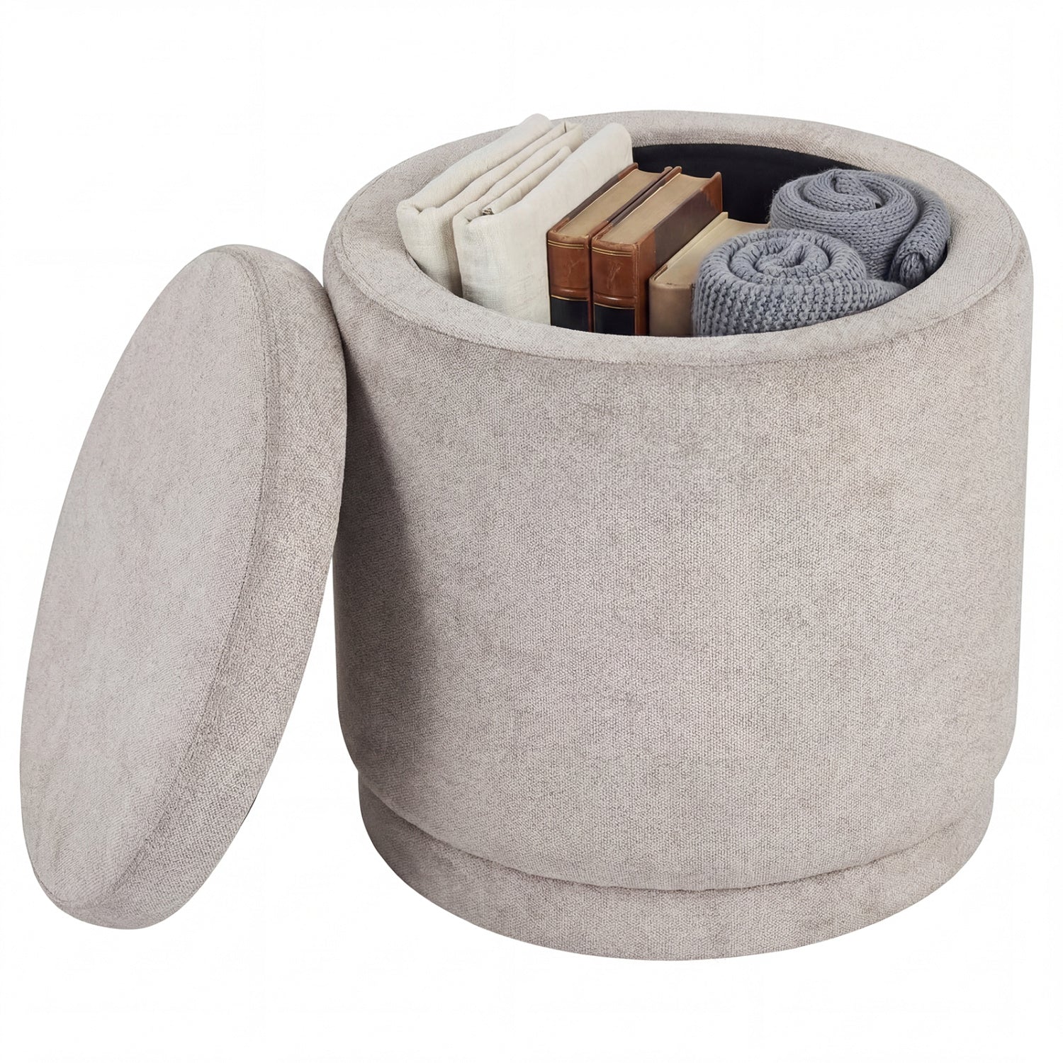 Round Storage Ottoman Foot Rest, Removable Lid, Acacia Wood Frame, Beige Ottomans Beige at Gallery Canada