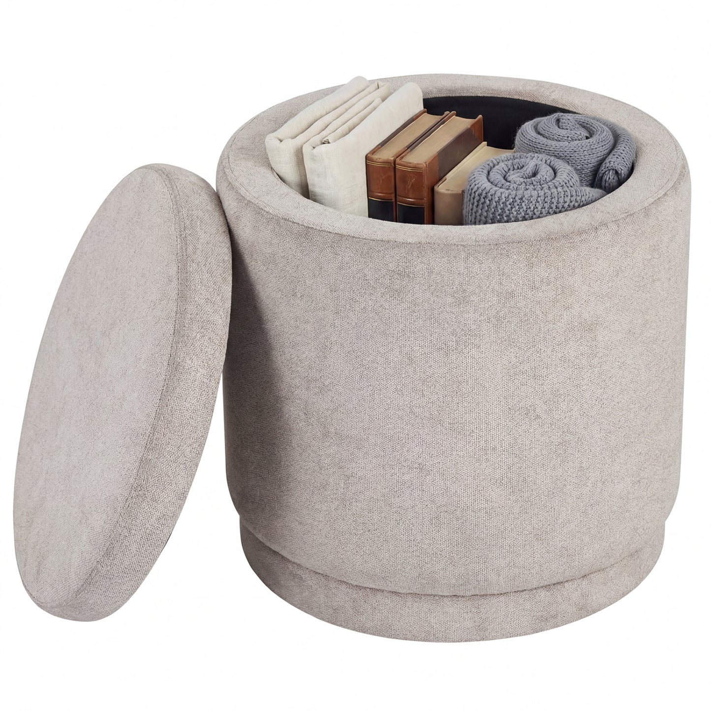 Round Storage Ottoman Foot Rest, Removable Lid, Acacia Wood Frame, Beige Ottomans at Gallery Canada