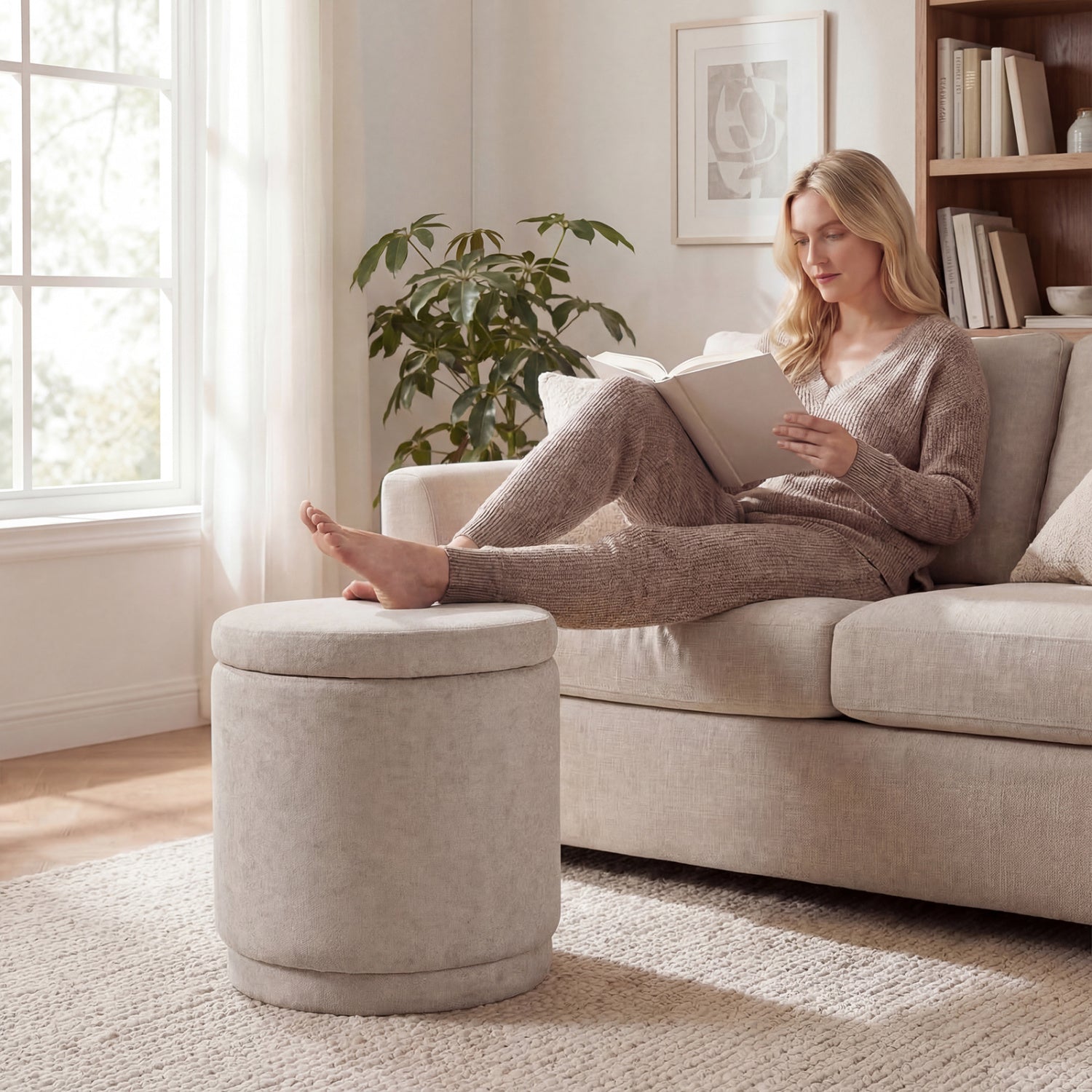 Round Storage Ottoman Foot Rest, Removable Lid, Acacia Wood Frame, Beige Ottomans at Gallery Canada