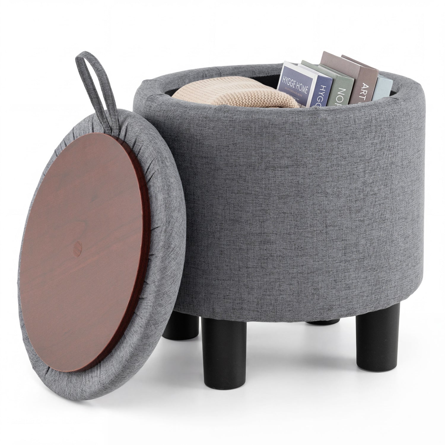 Round Storage Ottoman, Linen Fabric, Upholstered Footrest Stool, Gray Ottomans at Gallery Canada