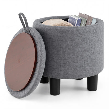 Round Storage Ottoman, Linen Fabric, Upholstered Footrest Stool, Gray Ottomans at Gallery Canada