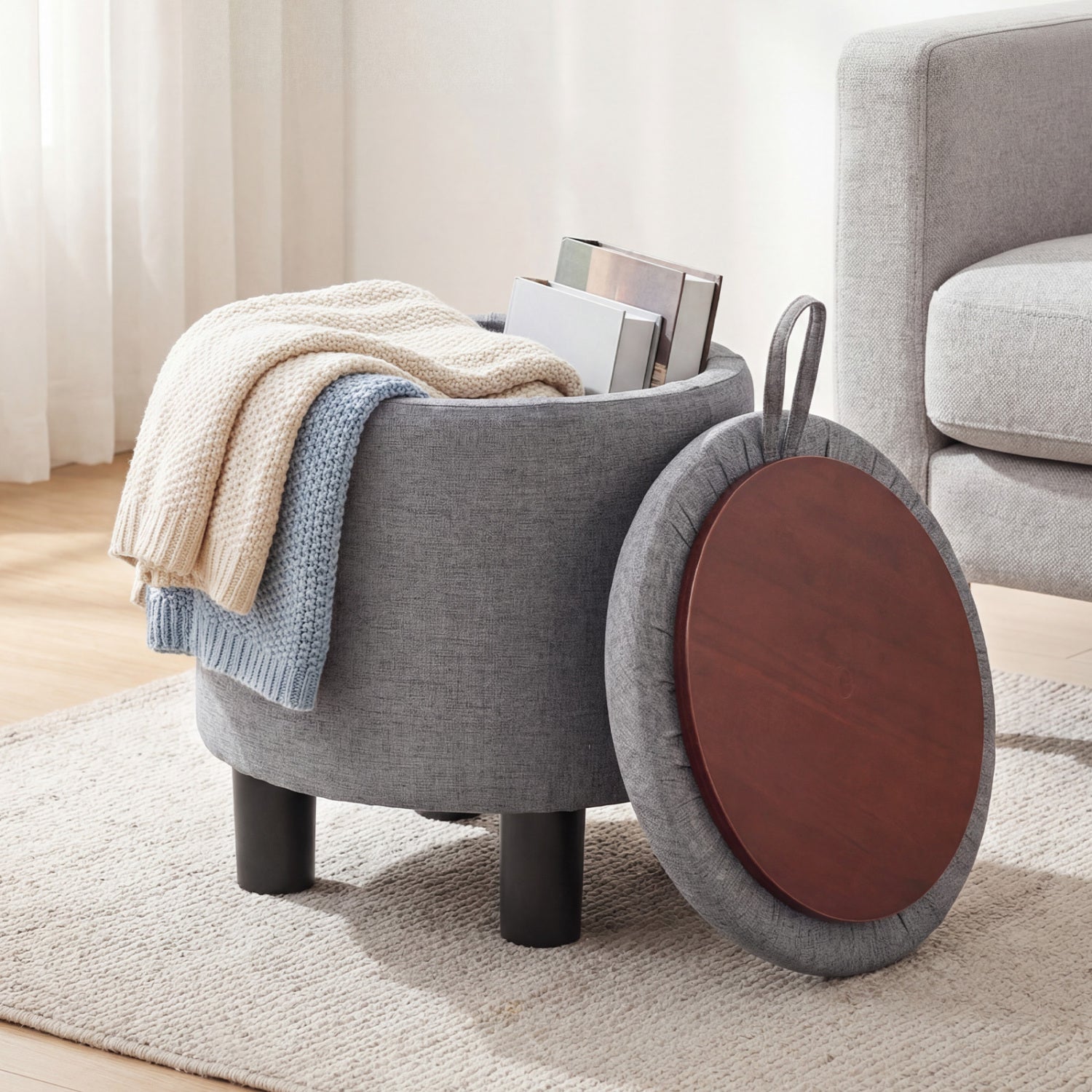 Round Storage Ottoman, Linen Fabric, Upholstered Footrest Stool, Gray Ottomans at Gallery Canada