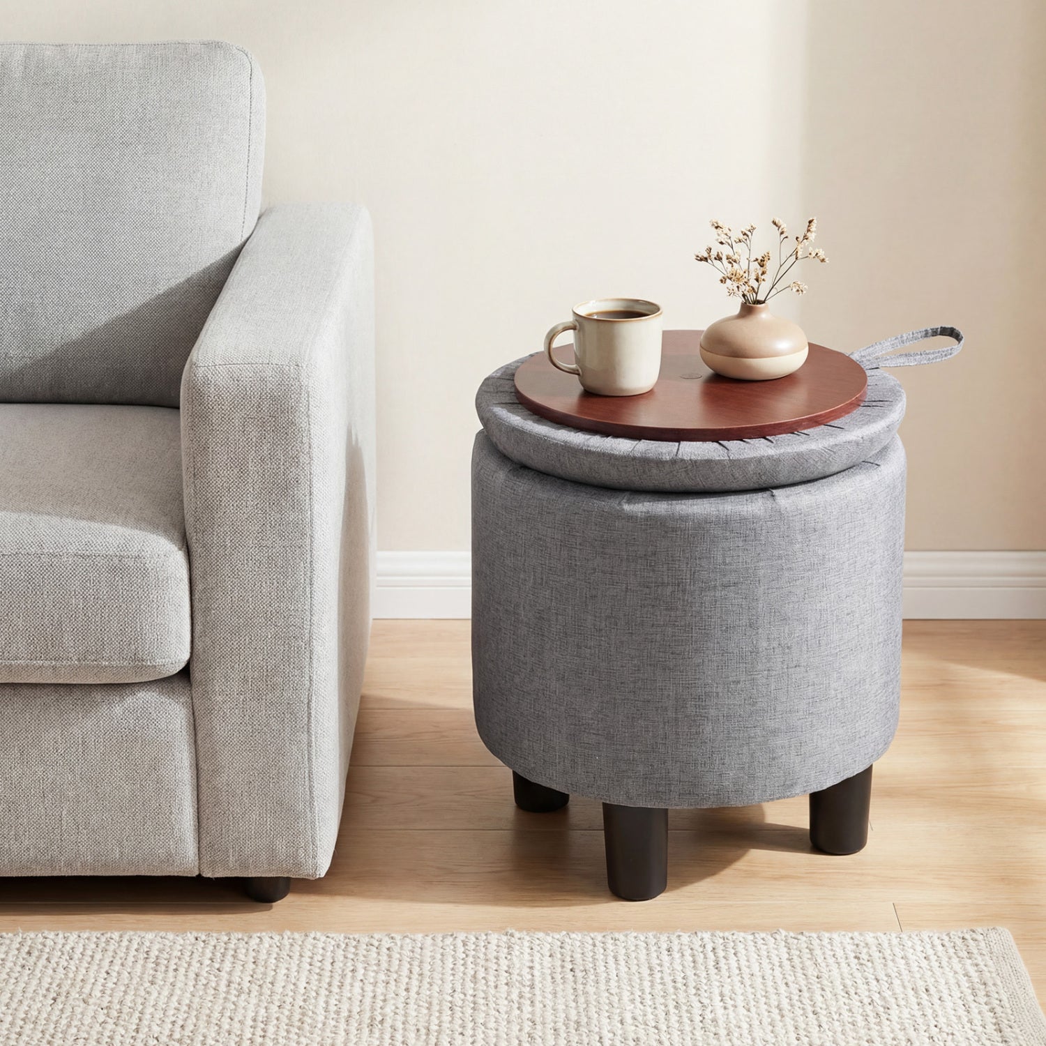 Round Storage Ottoman, Linen Fabric, Upholstered Footrest Stool, Gray Ottomans at Gallery Canada