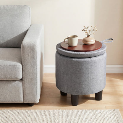 Round Storage Ottoman, Linen Fabric, Upholstered Footrest Stool, Gray Ottomans at Gallery Canada