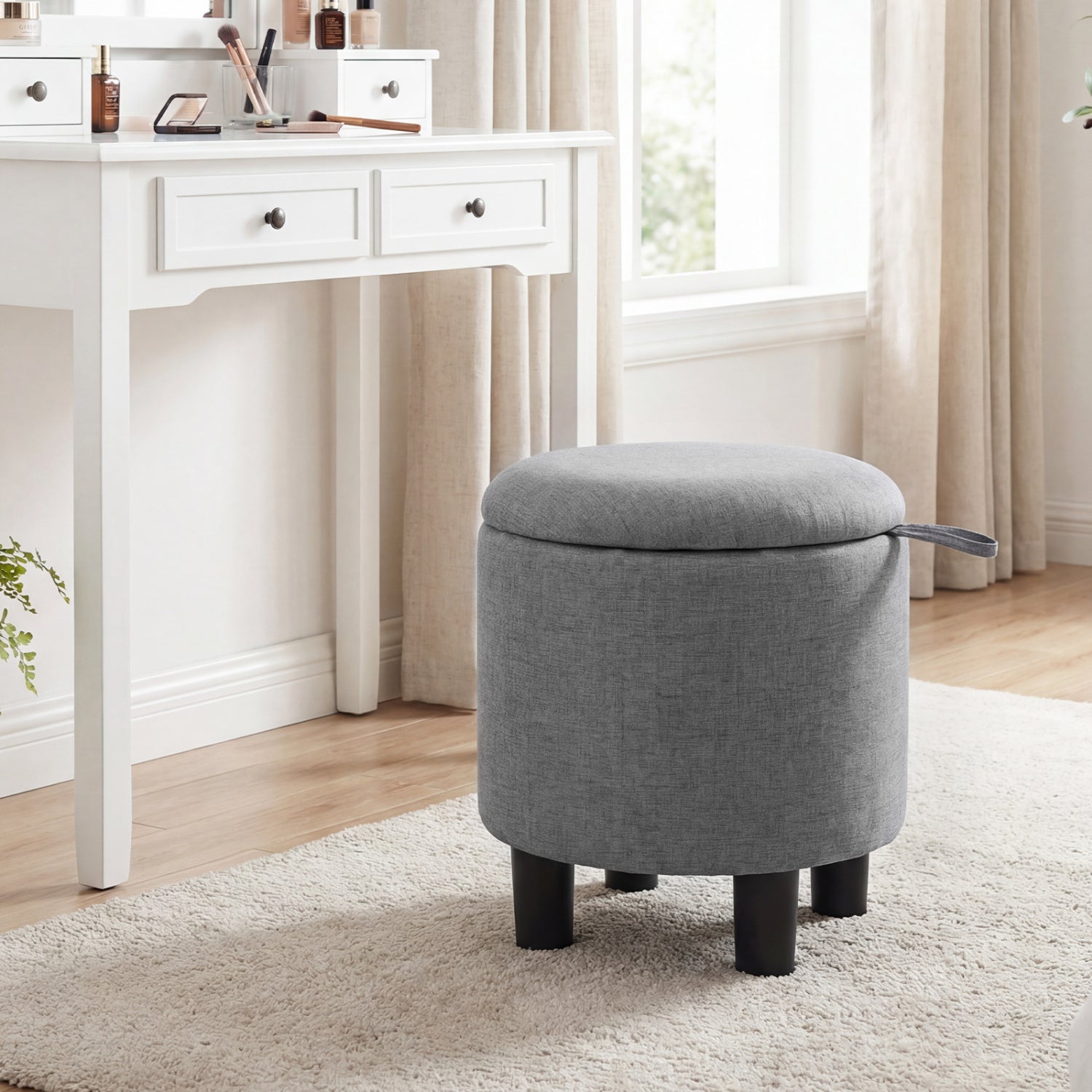 Round Storage Ottoman, Linen Fabric, Upholstered Footrest Stool, Gray Ottomans at Gallery Canada