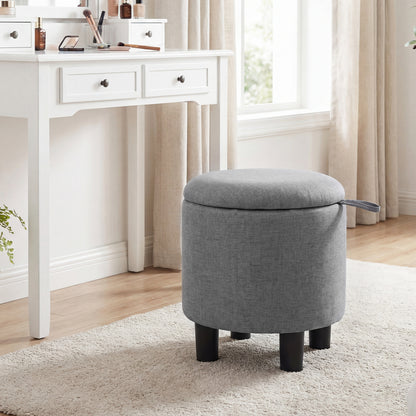 Round Storage Ottoman, Linen Fabric, Upholstered Footrest Stool, Gray Ottomans at Gallery Canada