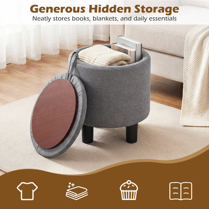 Round Storage Ottoman, Linen Fabric, Upholstered Footrest Stool, Gray Ottomans at Gallery Canada