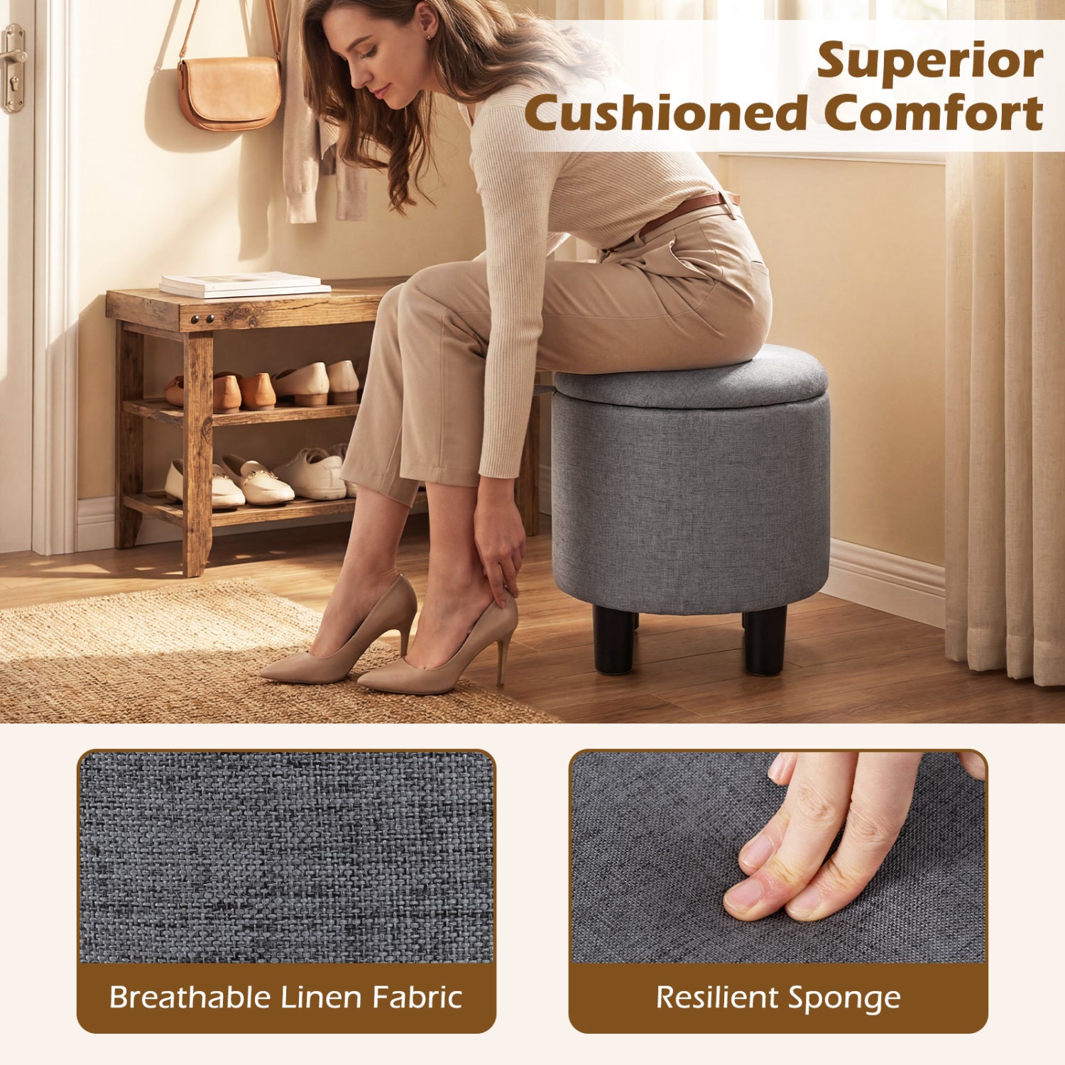 Round Storage Ottoman, Linen Fabric, Upholstered Footrest Stool, Gray Ottomans at Gallery Canada