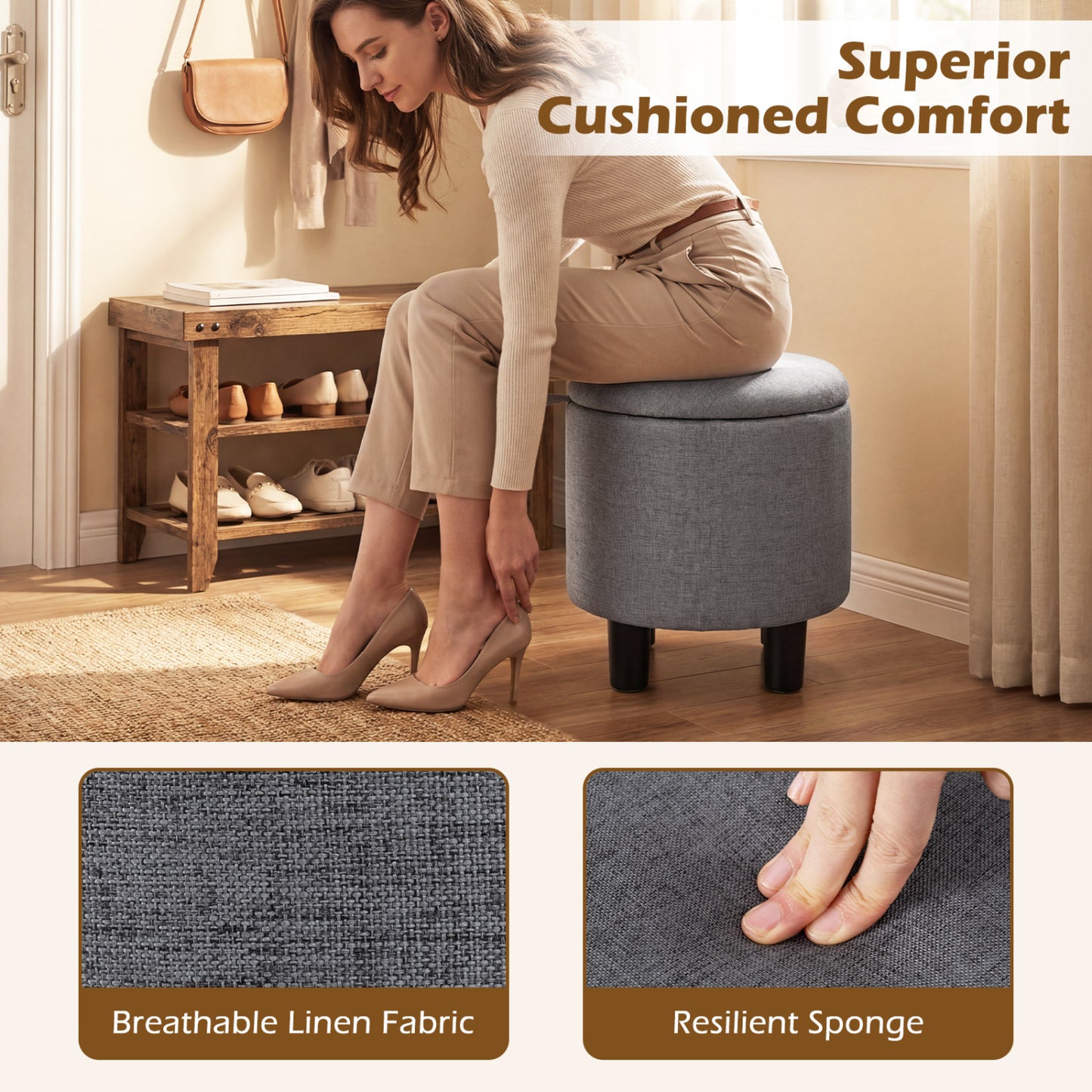Round Storage Ottoman, Linen Fabric, Upholstered Footrest Stool, Gray Ottomans at Gallery Canada