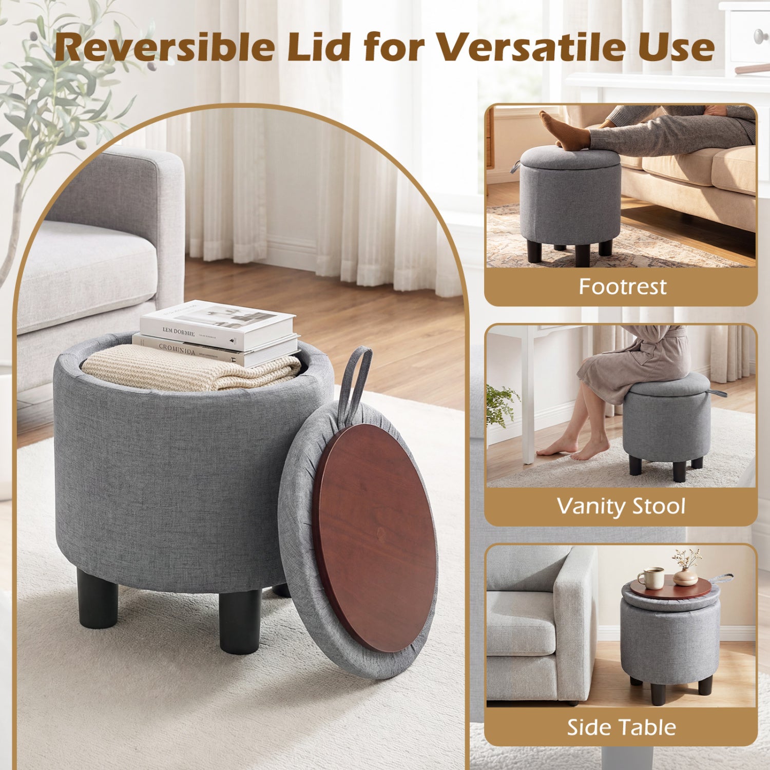 Round Storage Ottoman, Linen Fabric, Upholstered Footrest Stool, Gray Ottomans at Gallery Canada