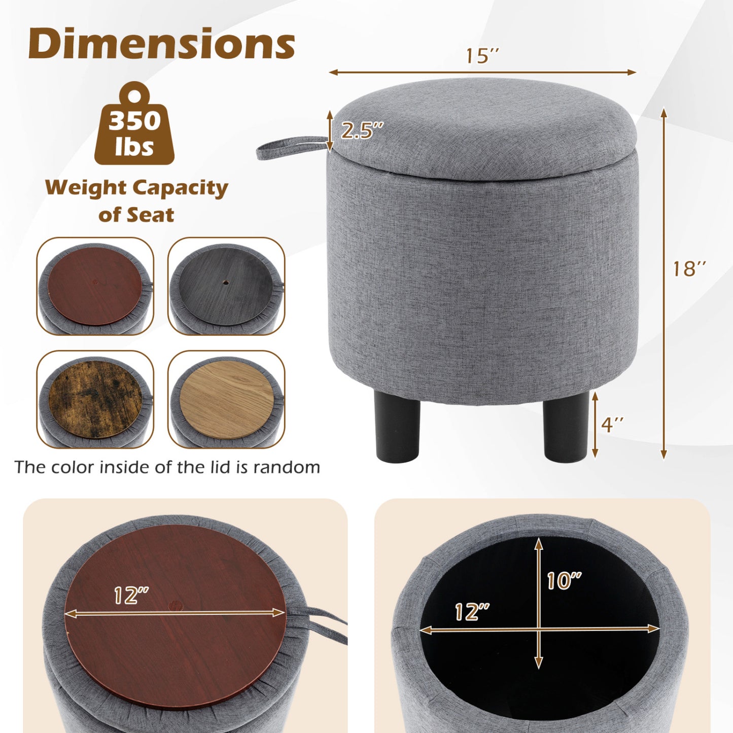 Round Storage Ottoman, Linen Fabric, Upholstered Footrest Stool, Gray Ottomans at Gallery Canada