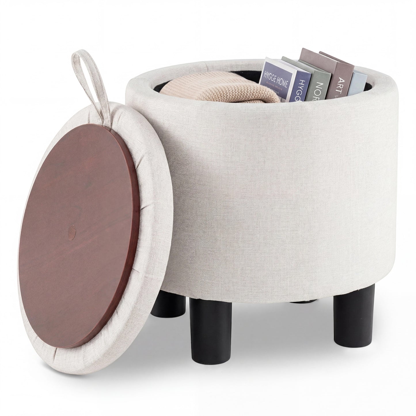 Round Storage Ottoman, Linen Fabric Upholstered Footrest Stool, Beige Ottomans at Gallery Canada