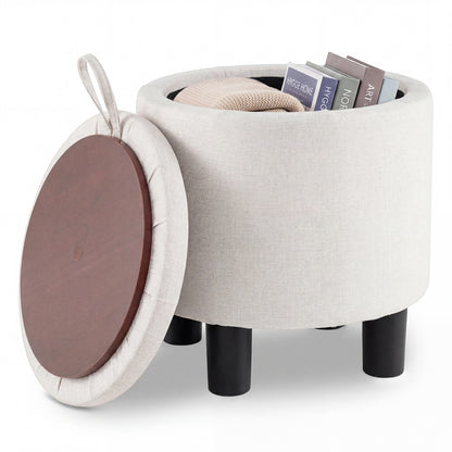 Round Storage Ottoman, Linen Fabric Upholstered Footrest Stool, Beige Ottomans at Gallery Canada