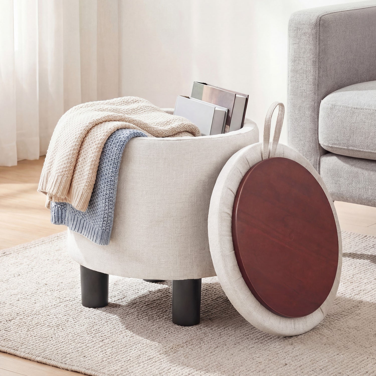 Round Storage Ottoman, Linen Fabric Upholstered Footrest Stool, Beige Ottomans at Gallery Canada