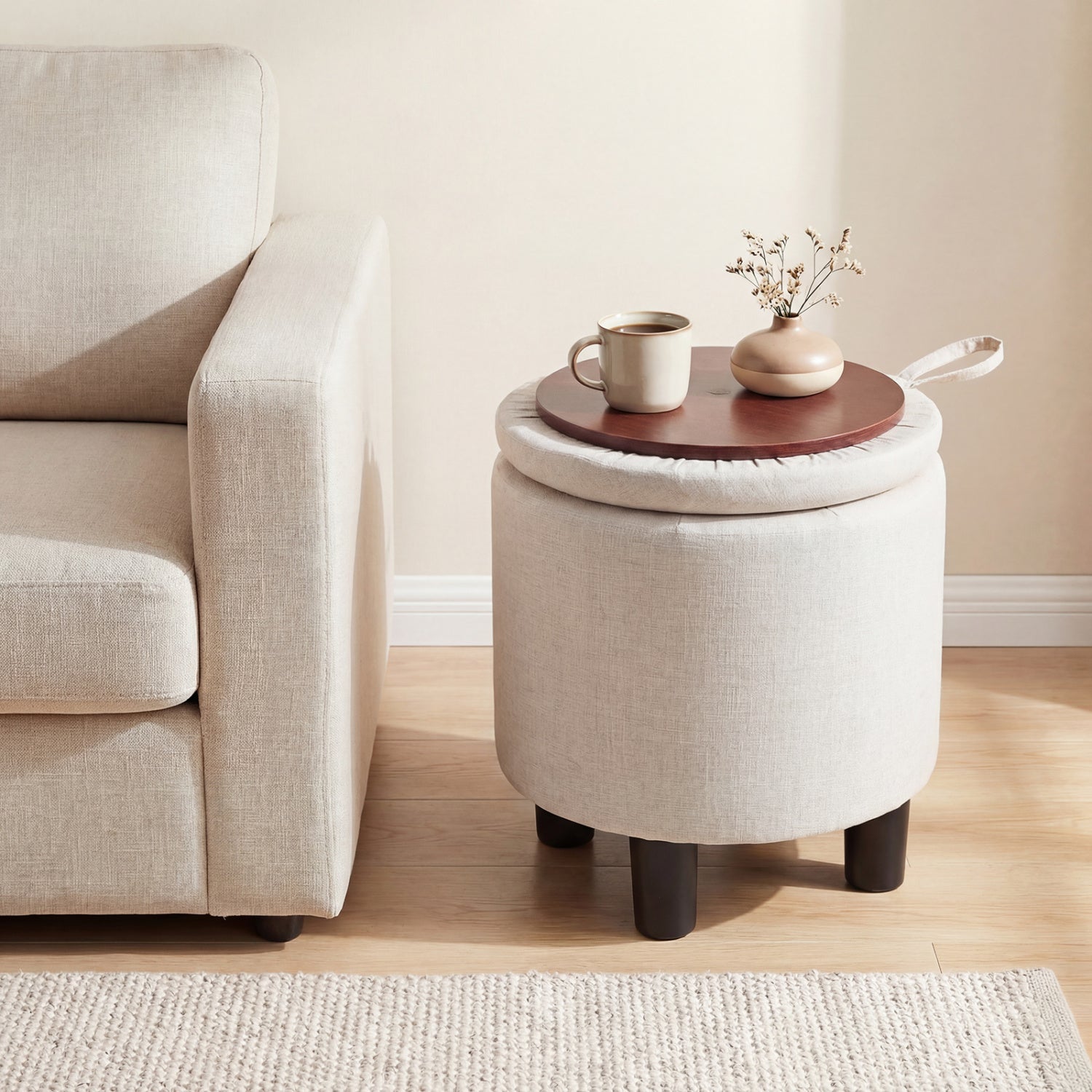Round Storage Ottoman, Linen Fabric Upholstered Footrest Stool, Beige Ottomans at Gallery Canada