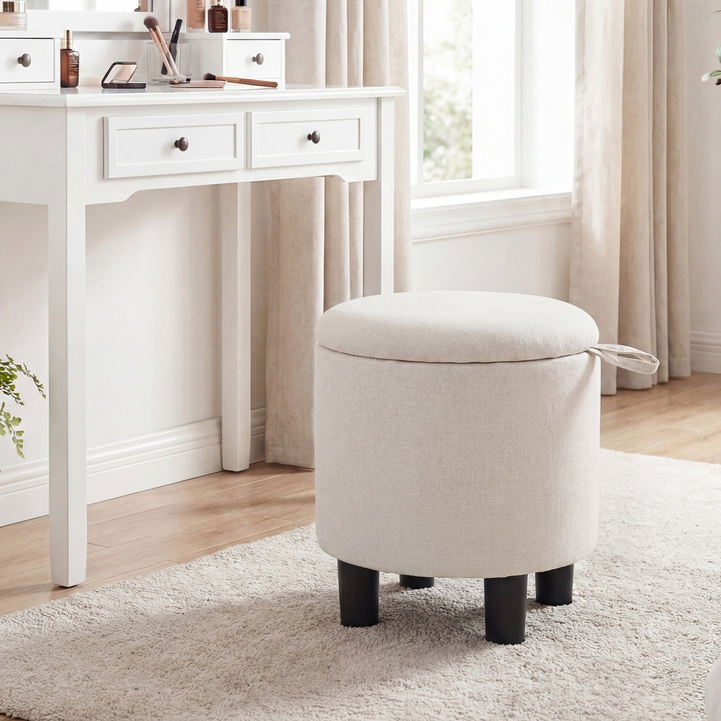 Round Storage Ottoman, Linen Fabric Upholstered Footrest Stool, Beige Ottomans at Gallery Canada